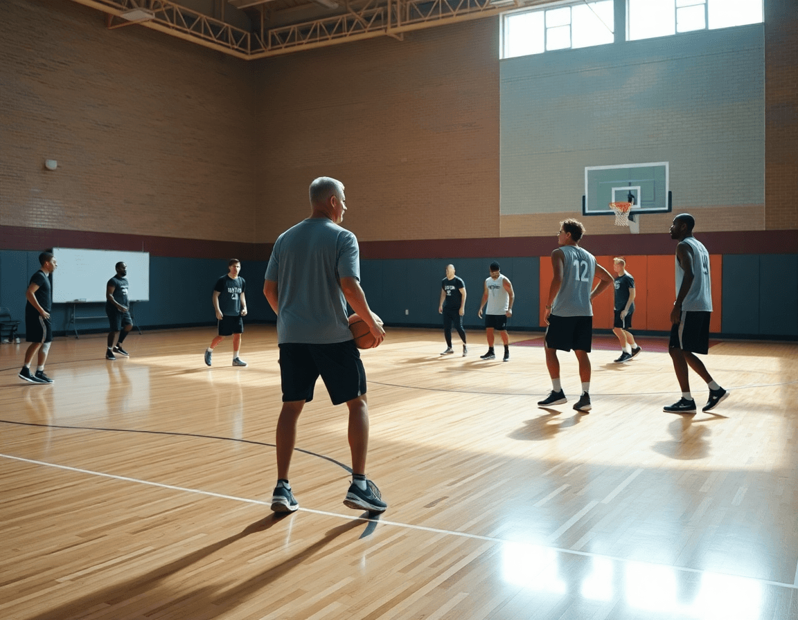 Centre-court: entraineur basketball guidant les drills et les passes pendant l'entraînement communautaire.