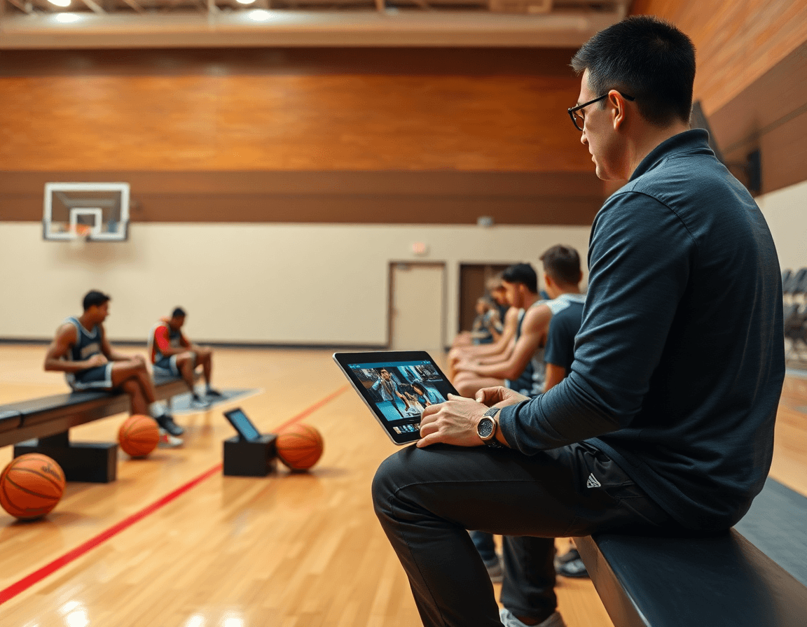 Gestion des clips: entraineur basketball organisant les playlists vidéo pour l'équipe après l'entraînement aujourd'hui.