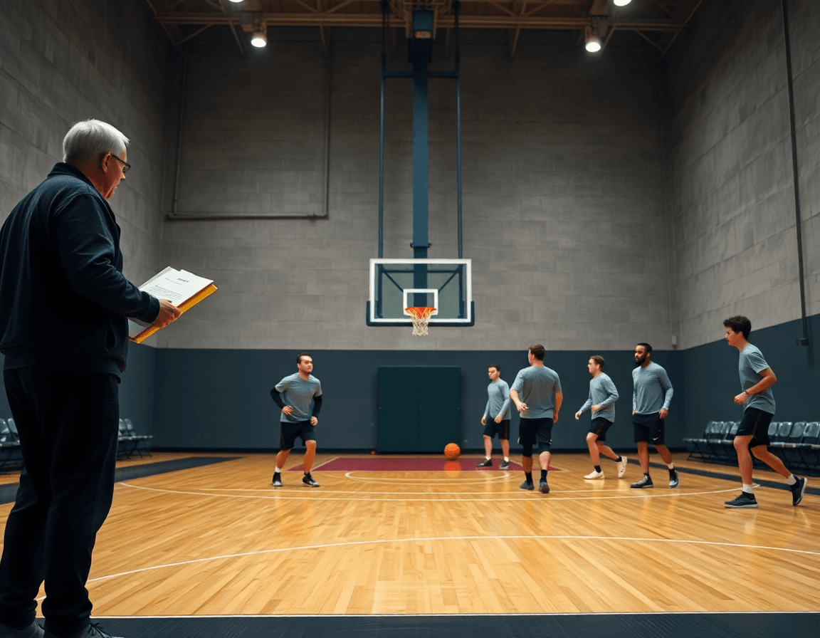 Scène large d'un entraineur basketball dirigeant l'entrainement dans une salle de basketball lumineuse.