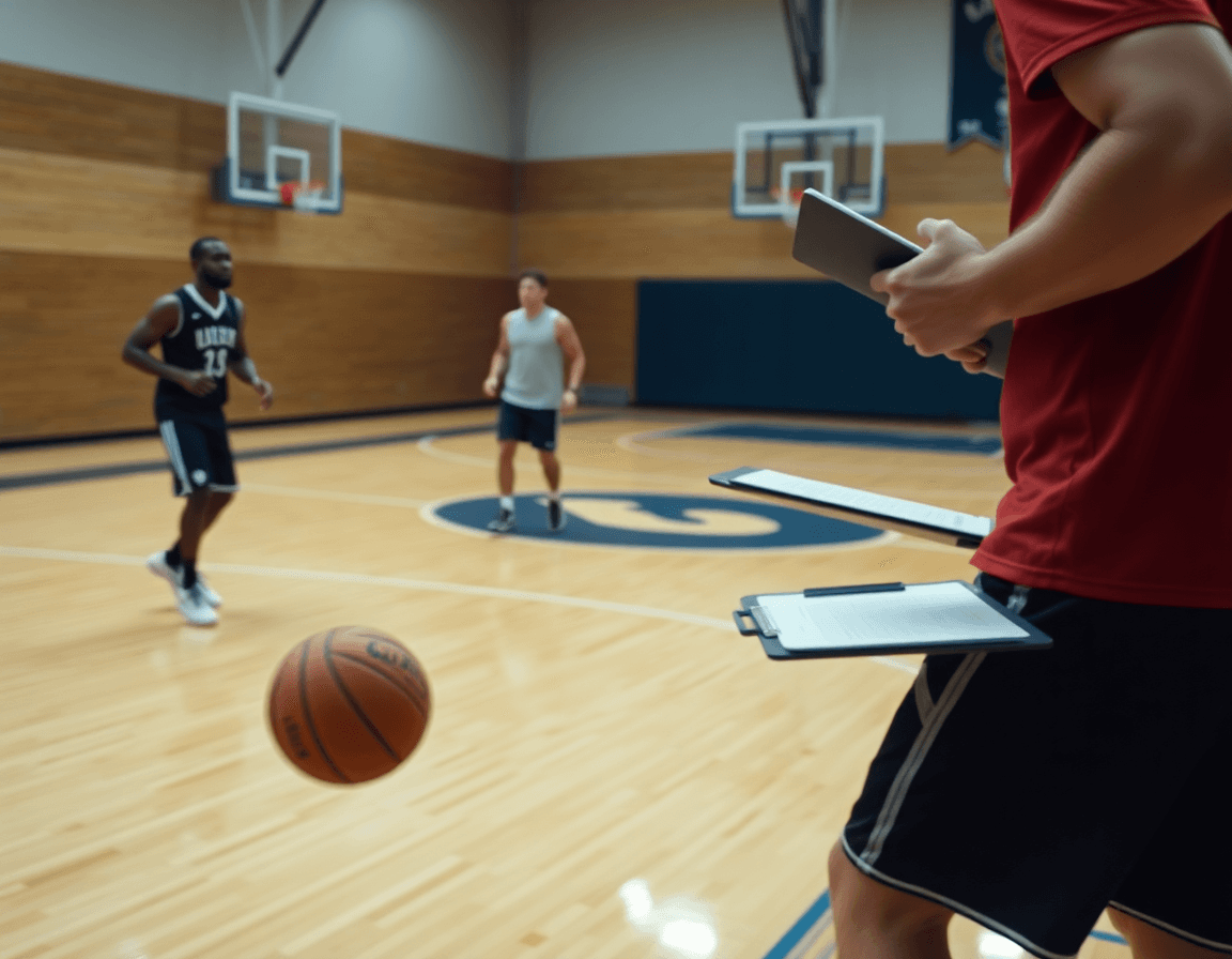 Exercice ailier basket: dribble rapide et coupe depuis l’aile sur le terrain de basket.