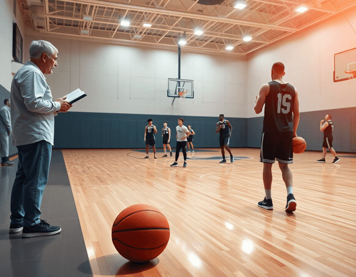 Exercice ailier basket en gym: coach et joueurs en mouvement sur le terrain.