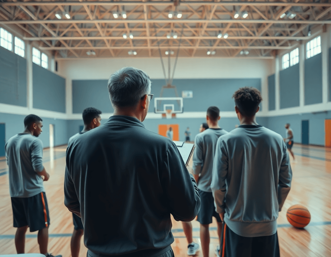 Vue panoramique d’un gymnase de basketball montrant l’exercice attaque basket en action.
