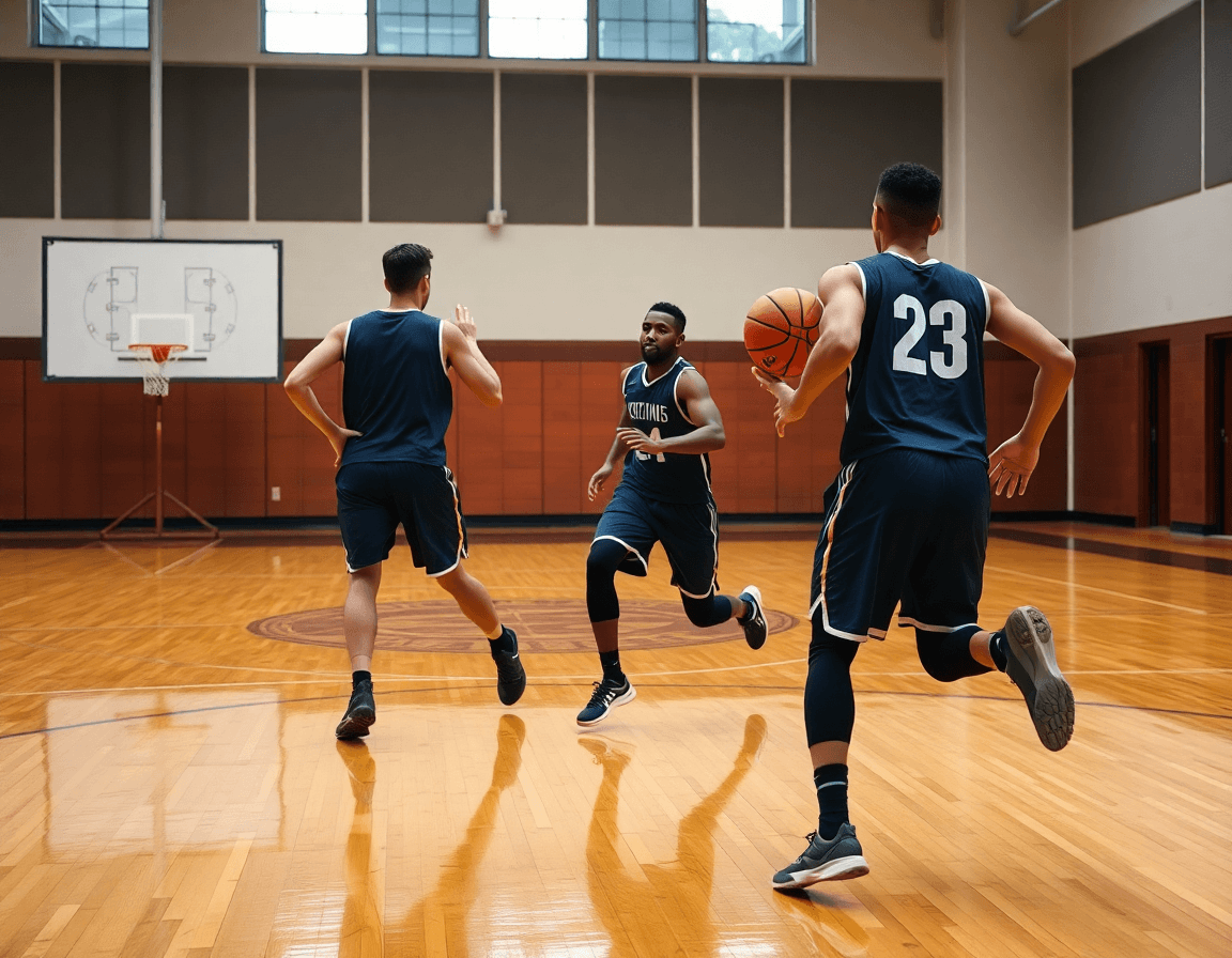 Deux joueurs en drill 1v1 à 3v3; exercice attaque basket u13 près du tableau.