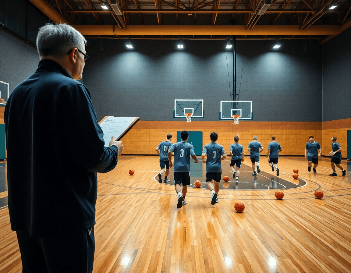 Exercice attaque basket U13 sur un terrain de basketball en salle, coach et joueurs concentrés.