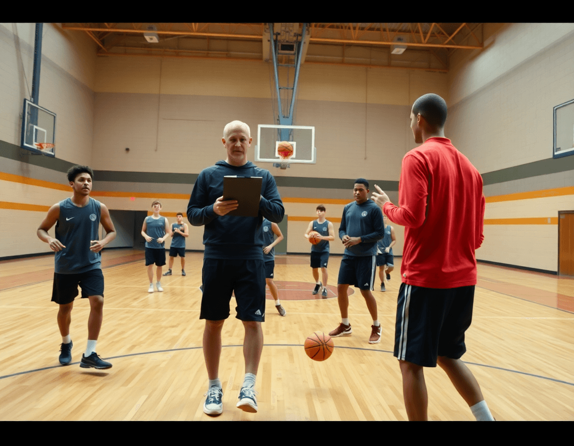 Exercice attaque de défense basket dans une gym, coach guide une équipe de basketball.