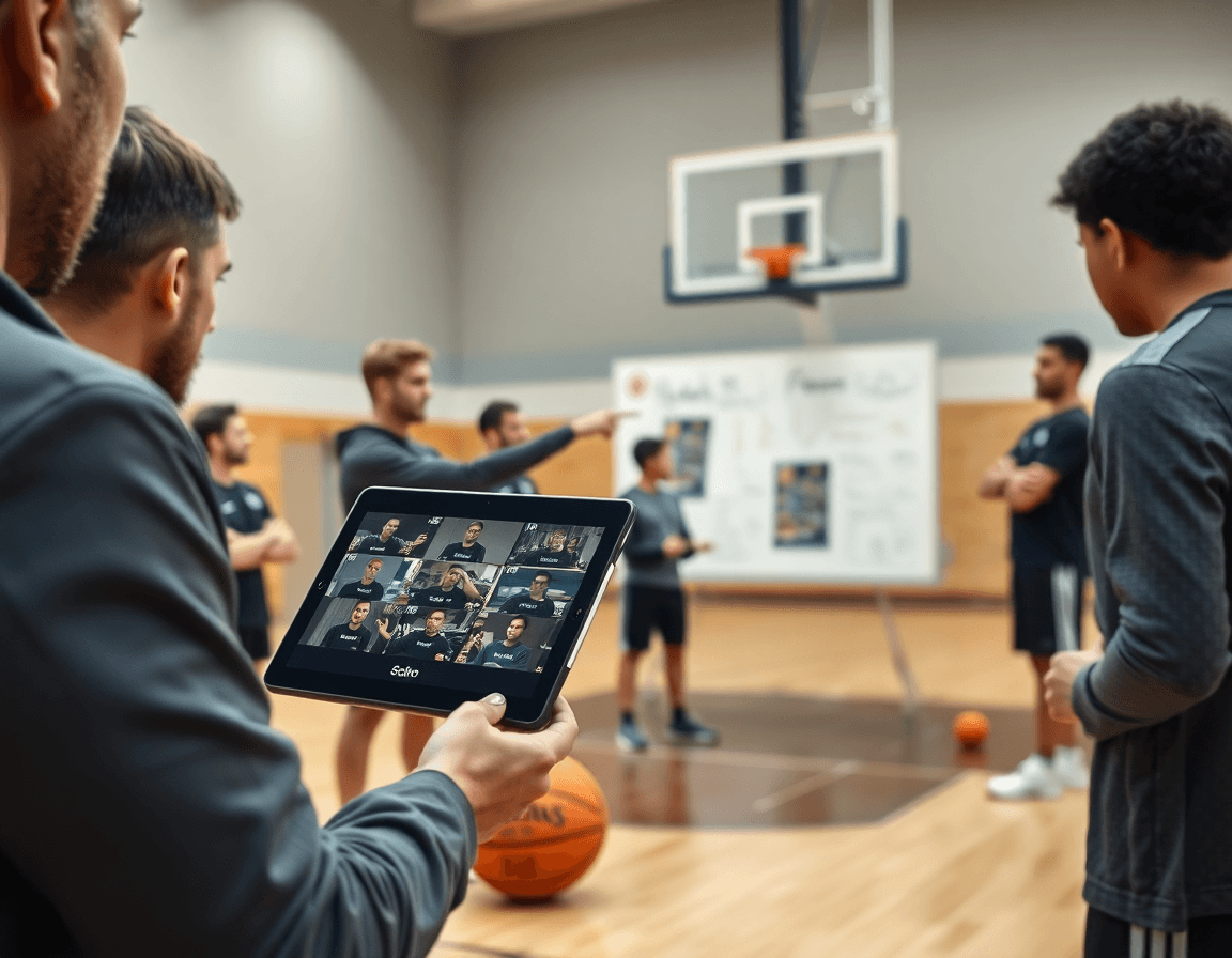 Premier plan sur un coach montrant des clips de basketball sur une tablette pendant l'entraînement.