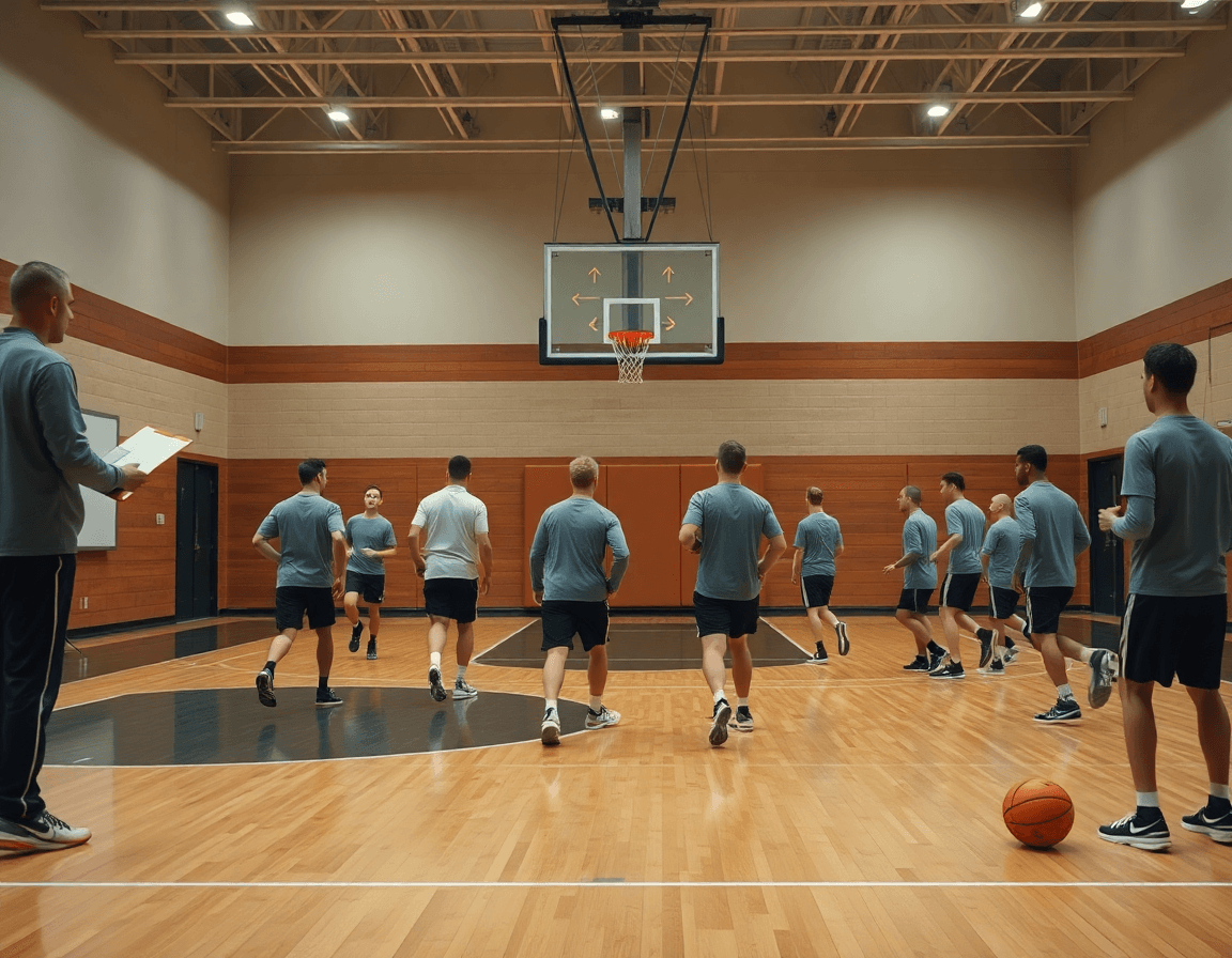 Plan large d’un gymnase de basket montrant l’exercice basket attaque placée en action pendant l’entraînement.