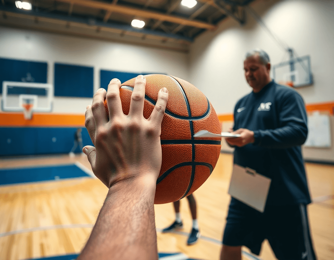 Plan serré sur les mains sur le ballon de basketball près de la clé pendant exercice basket attaque.