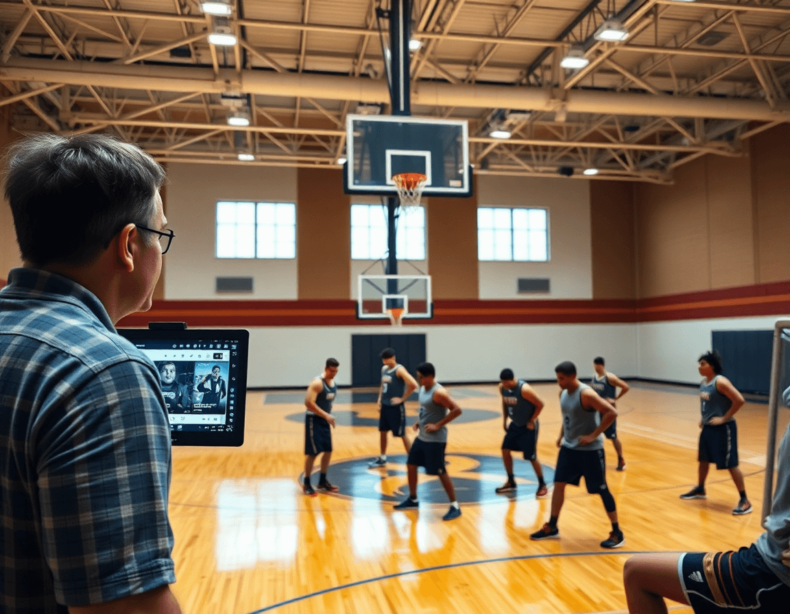 Revue des clips de basketball sur ordinateur portable pour l'équipe, coaching et scouting pendant exercice basket attaque.