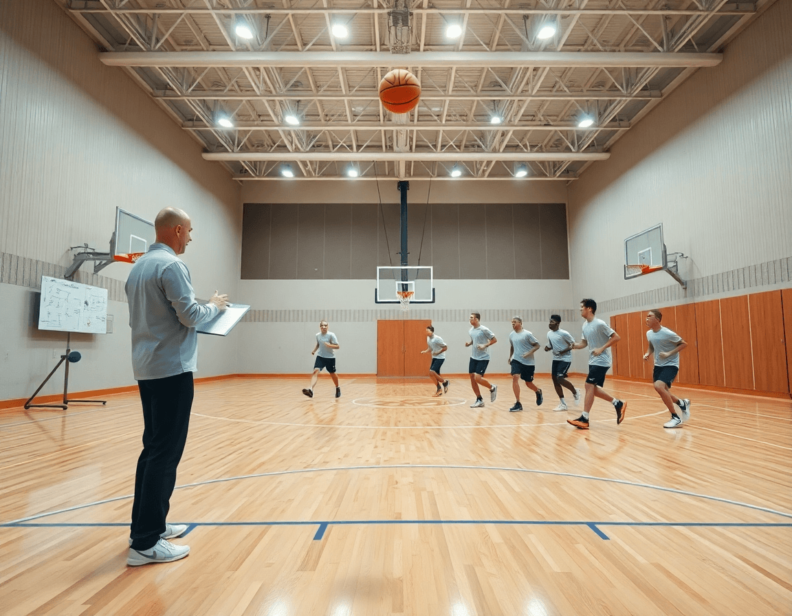 Vue large d'un gymnase de basketball, coach et équipe en plein exercice basket attaque.