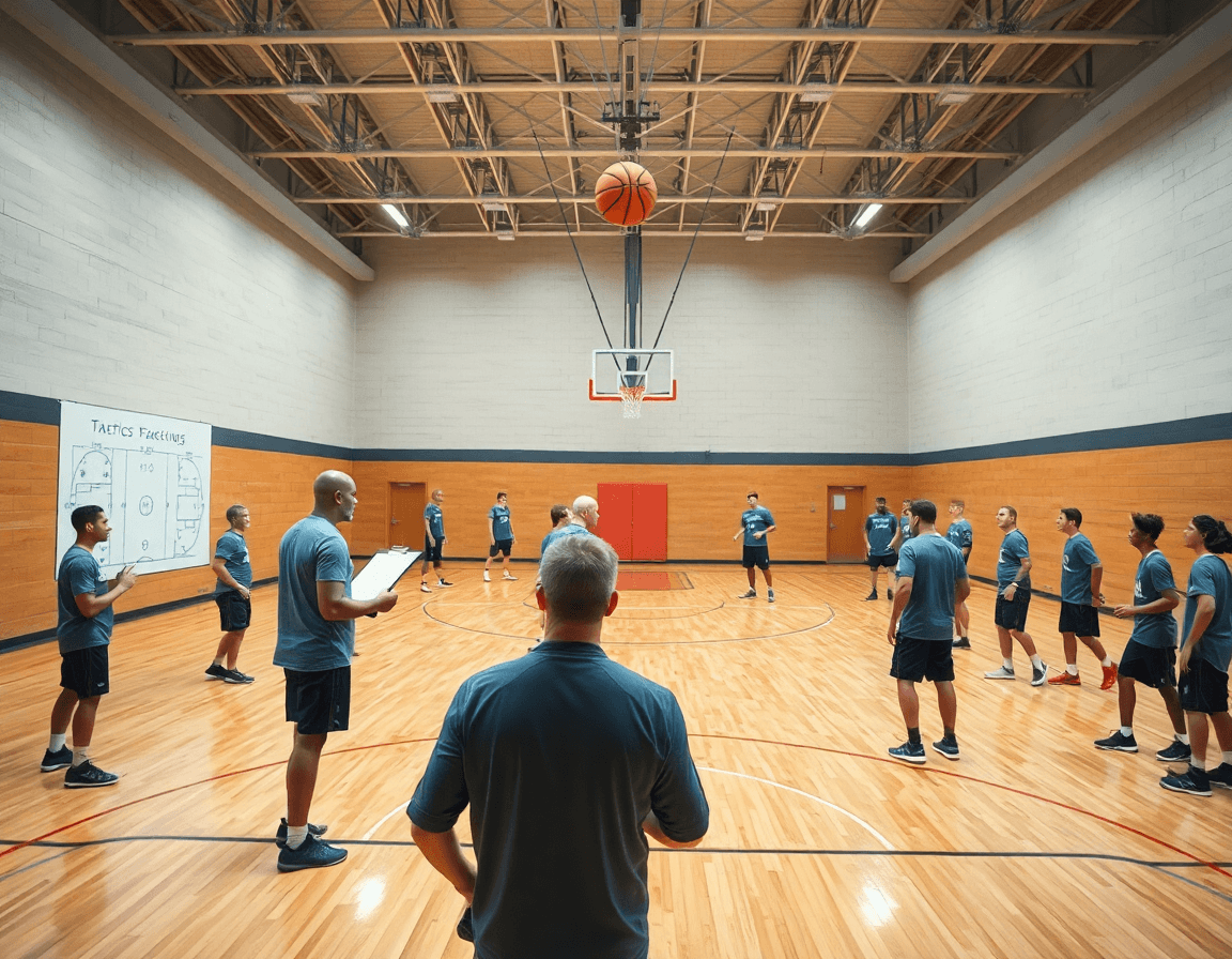 Exercice basket attaque rapide: vue large d'un coach et joueurs sur le court.