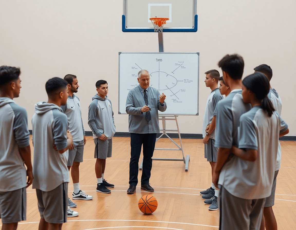Plan moyen sur l'entraîneur avec tableau blanc, démontrant l'exercice basket attaque de zone dans le gymnase.