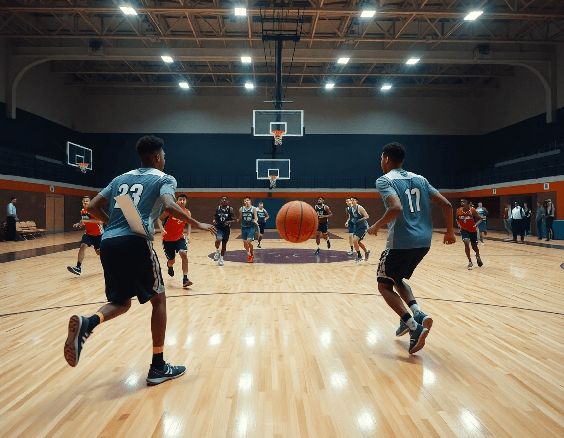 Plan large sur la séance d'exercice basket attaque de zone, joueurs courant et coach guidant sur le court.