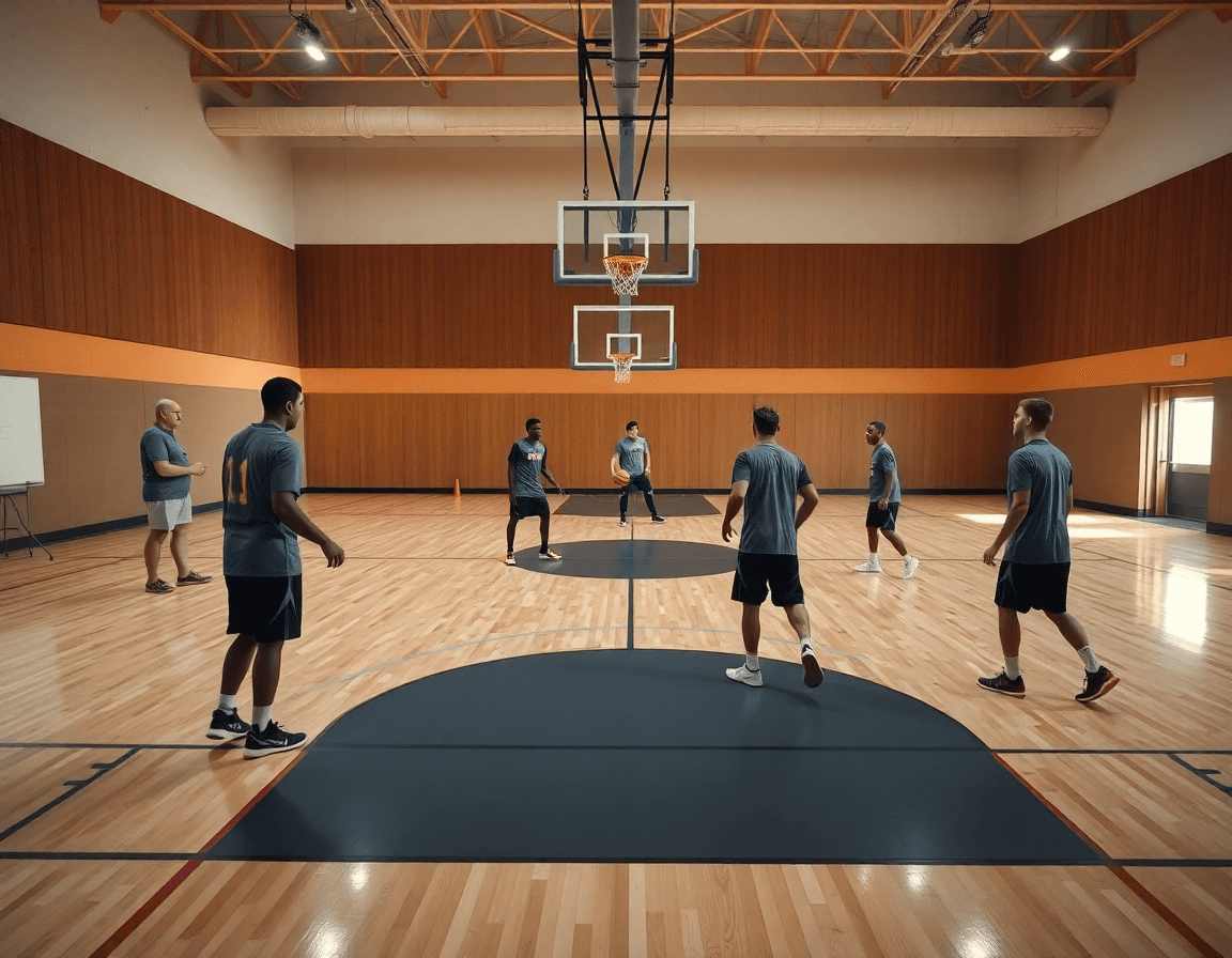 Exercice basket attaque de zone en action: coach et joueurs réalisent des passes et coupes.