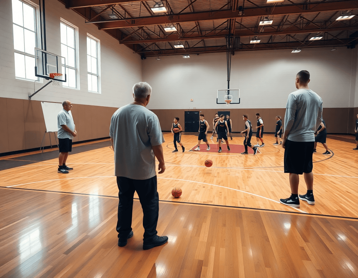 Exercice basket collectif: vue large d'un gymnase de basket avec entraîneur et équipe.