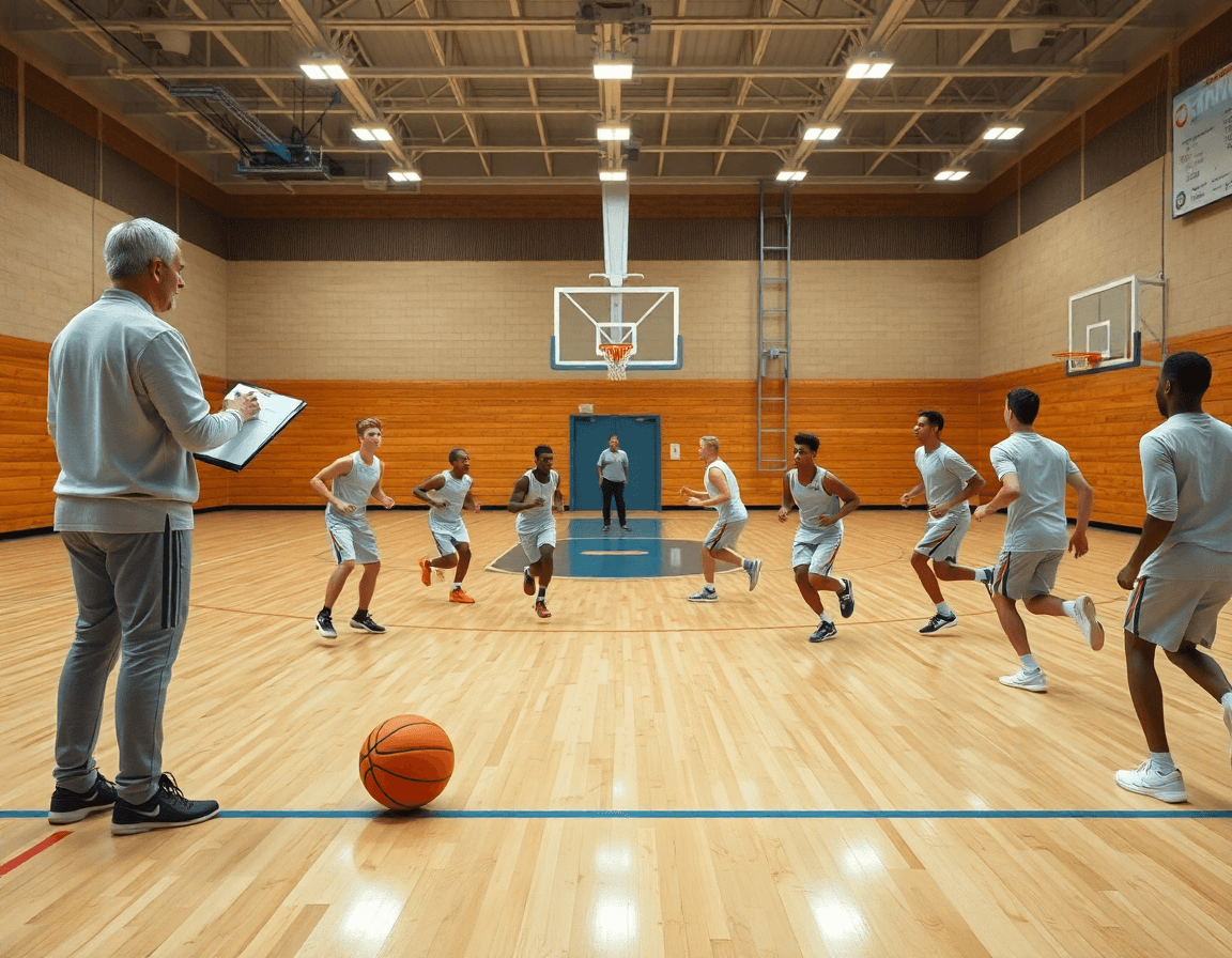 Exercice basket contre attaque: le coach dirige l'équipe sur le terrain de basketball pendant l'entraînement.