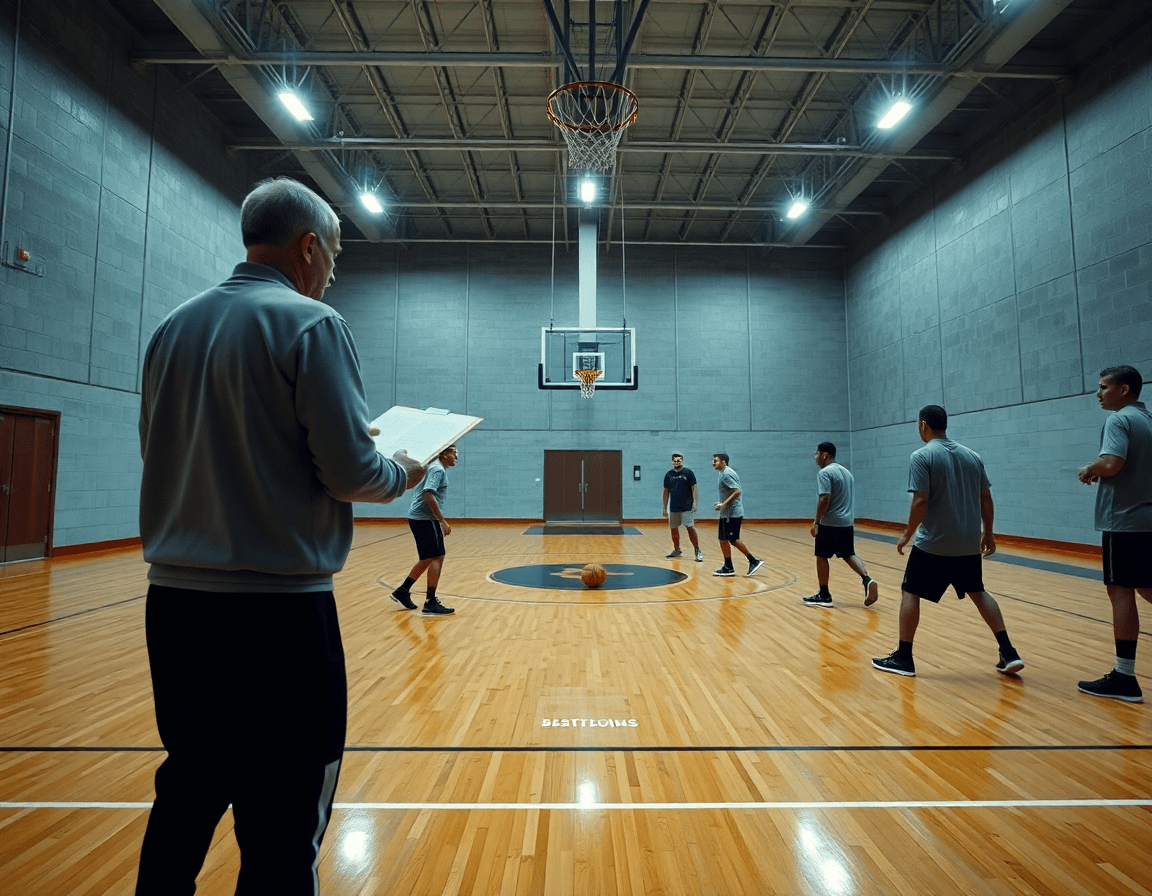 Vue générale d'un gymnase de basket-ball où l'équipe travaille l'exercice basket défense homme à homme sous les projecteurs.
