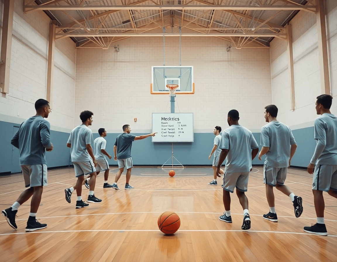 Exercice basket défense en séance structurée capturé en gymnase, coach et joueurs.