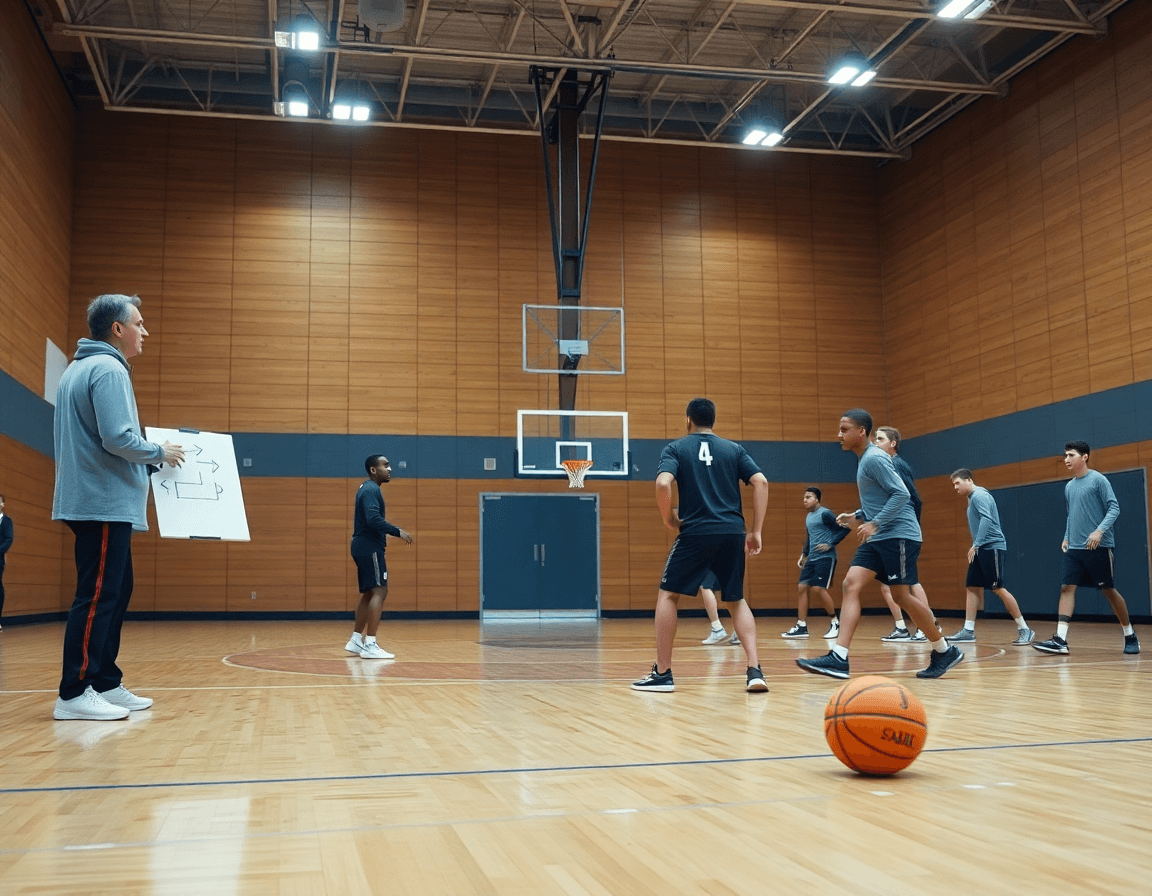 Vue large d'un gymnase montrant un exercice basket défense avec coach et joueurs.