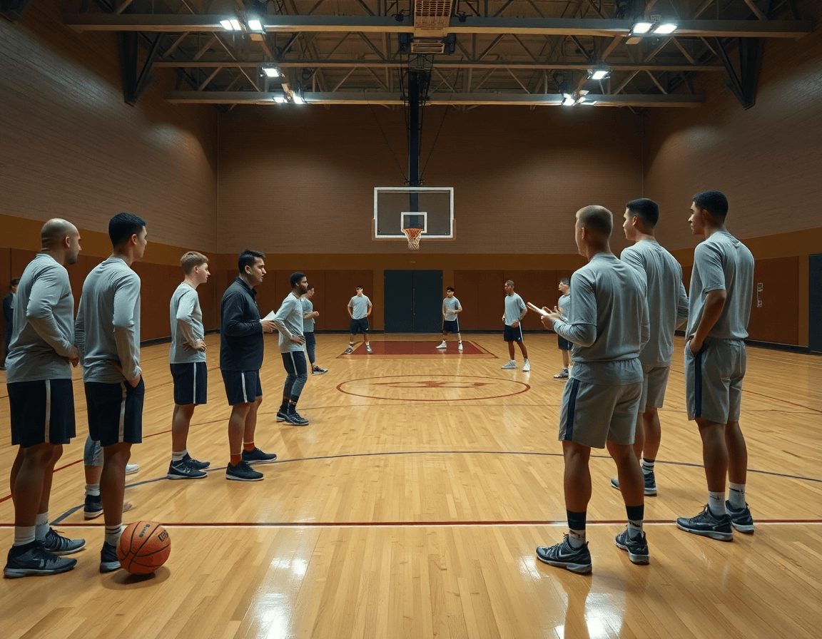 Plan large d'un exercice basket défense sur non porteur en gym, coach et joueurs.