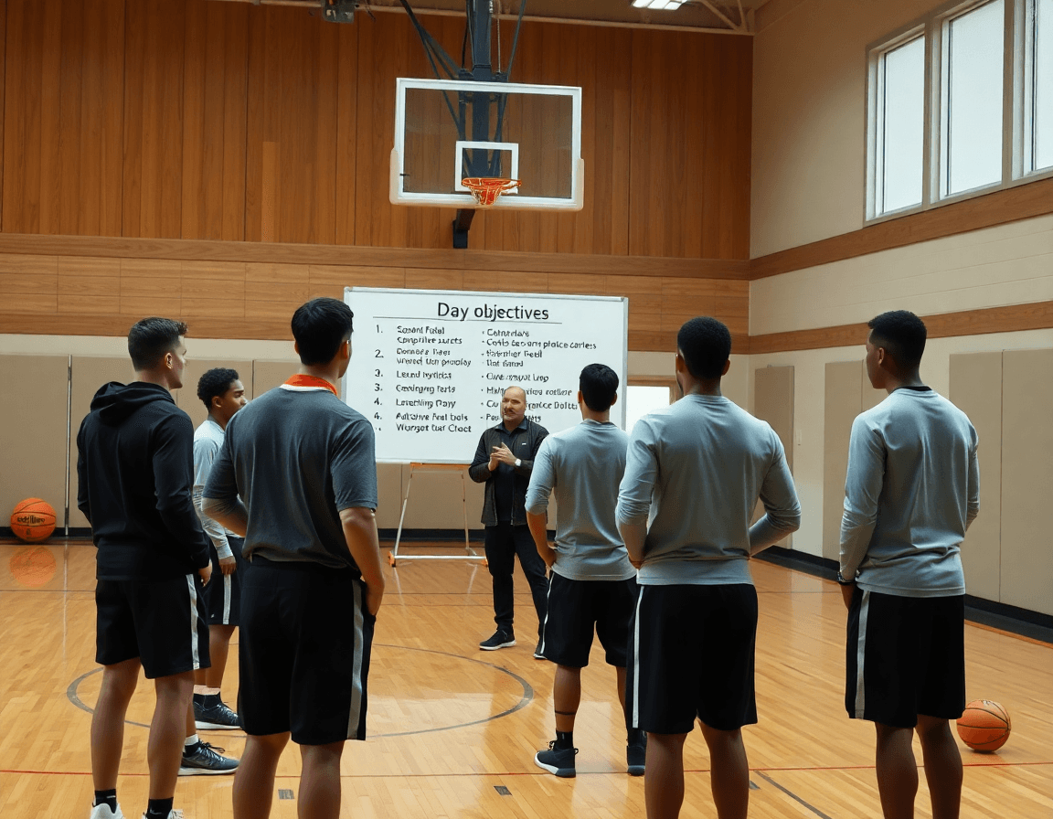 Vue plan large d'un exercice basket en salle avec coach et joueurs.