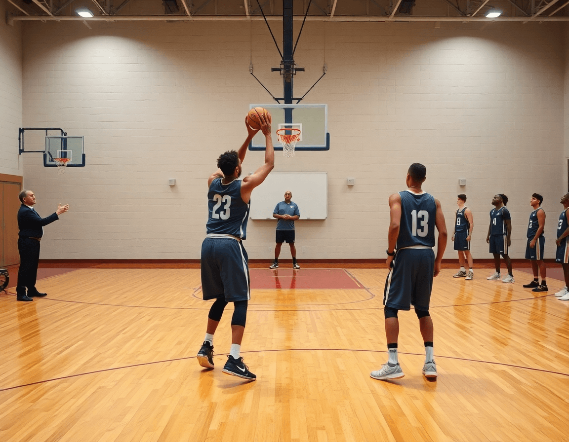 Deux joueurs près de la ligne à trois points exécutent un exercice basket en salle, progression coach.