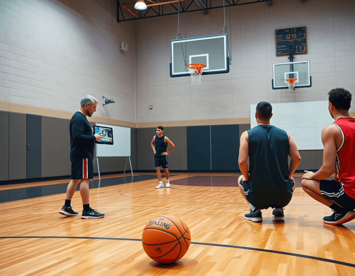 Équipe observe la vidéo et le whiteboard pour progresser dans l'exercice basket en salle.