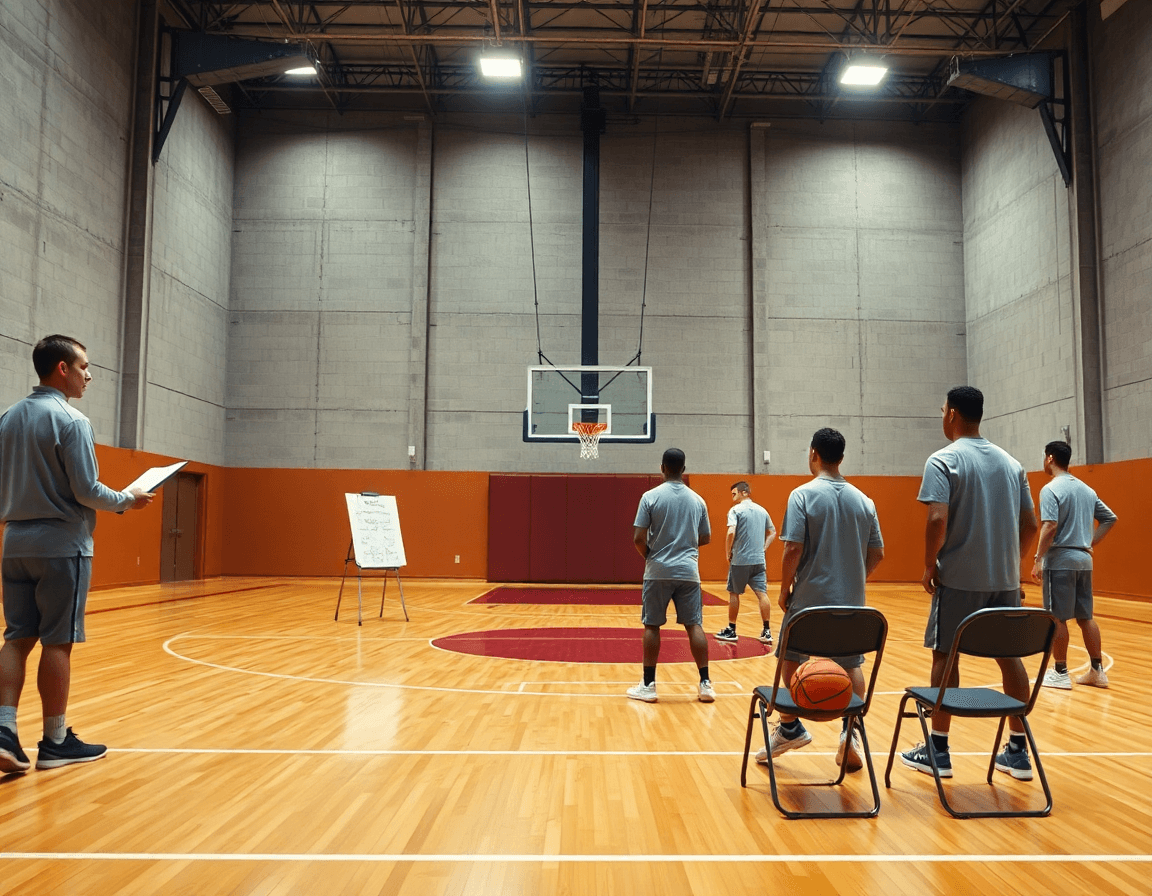 Plan large dans une salle de basket, exercice basket en salle avec entraîneur et joueurs.
