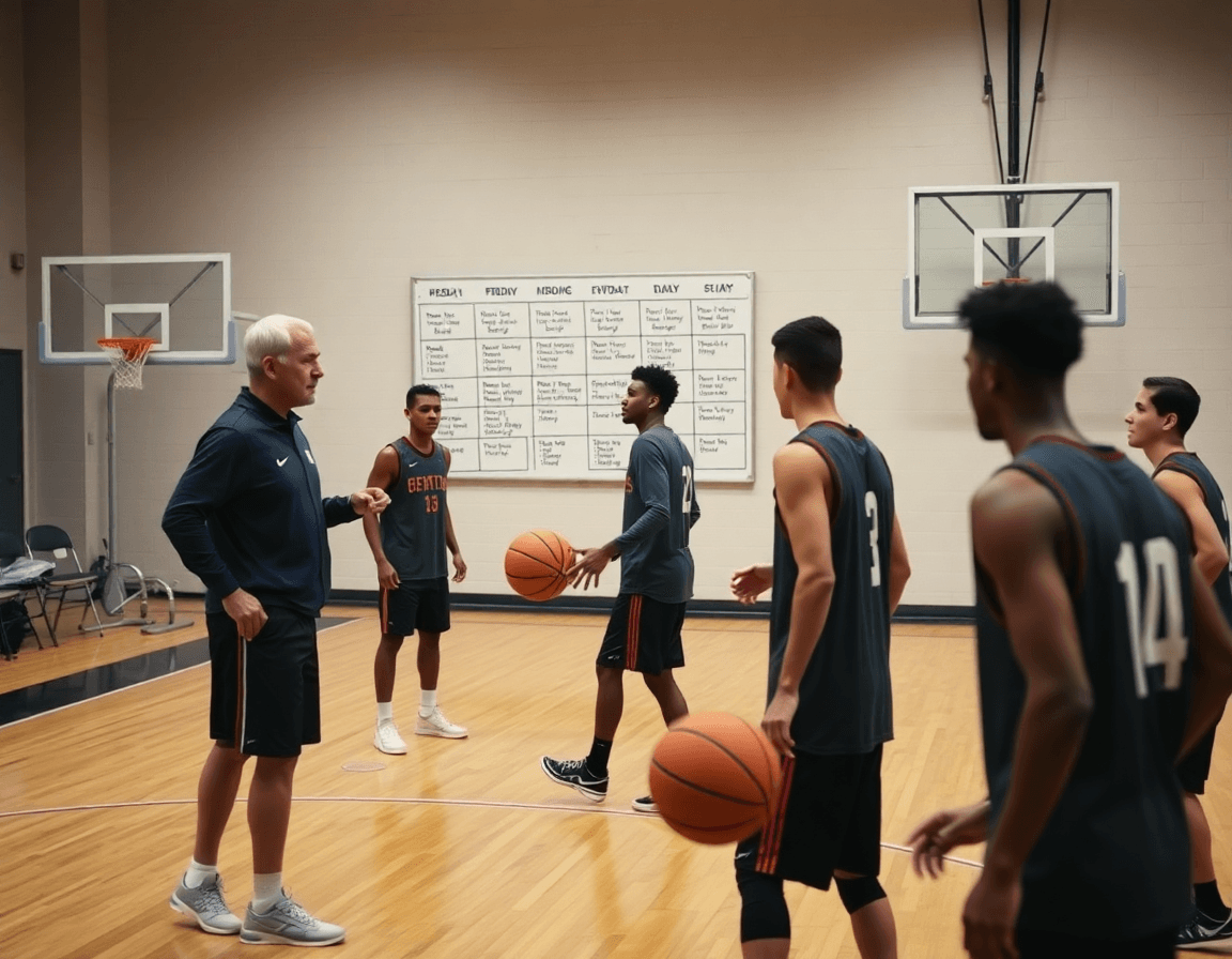 Salle de gym avec exercice basket endurance en planification hebdomadaire, entraîneur et joueurs en échauffement.