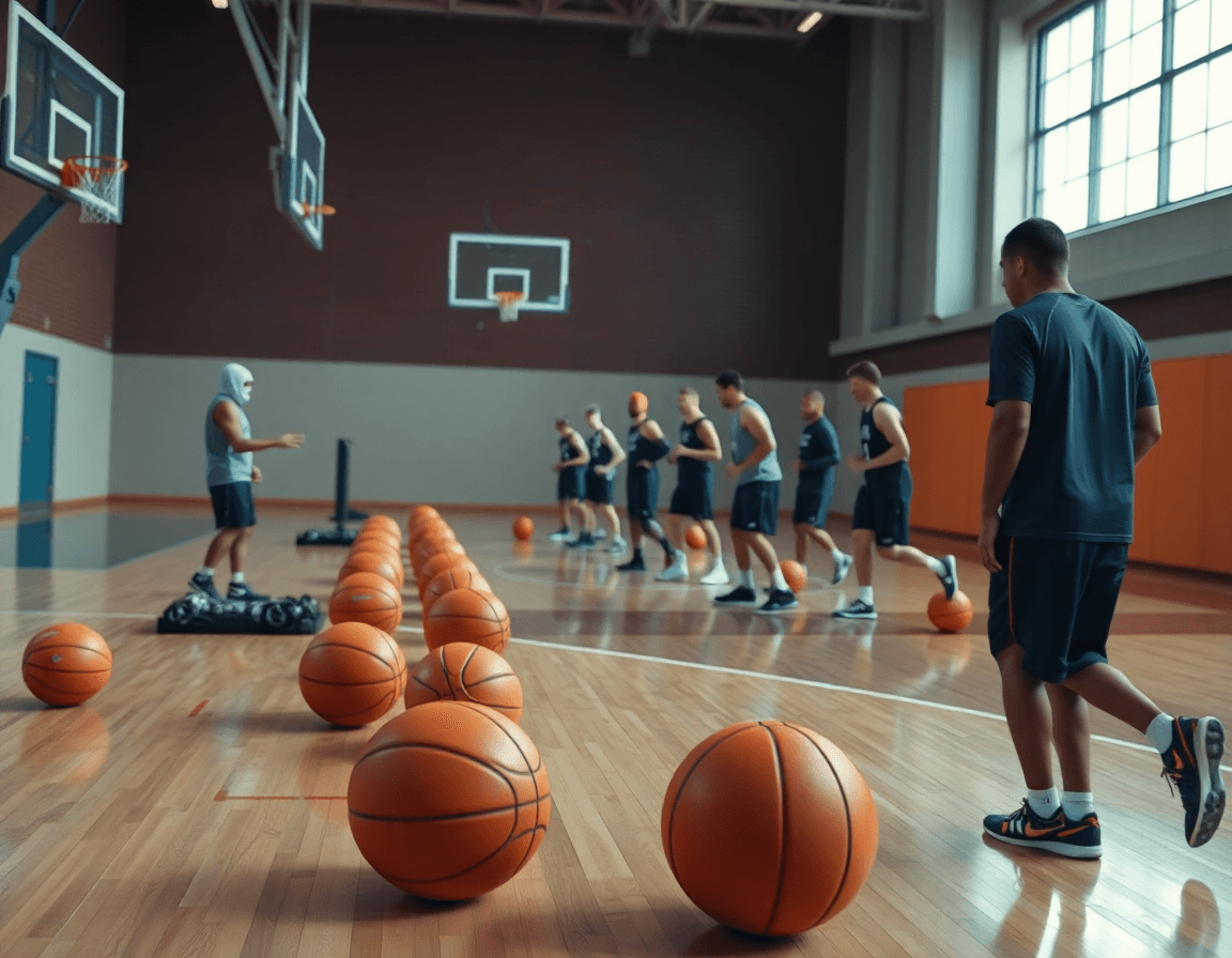 Exercice basket endurance: circuits sur parquet, entraîneur supervise chaque station et temporise.