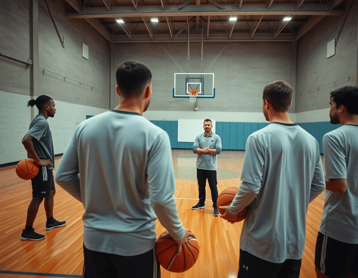 Plan large: exercice basket endurance sur un court intérieur avec coach, joueurs et ballon orange.