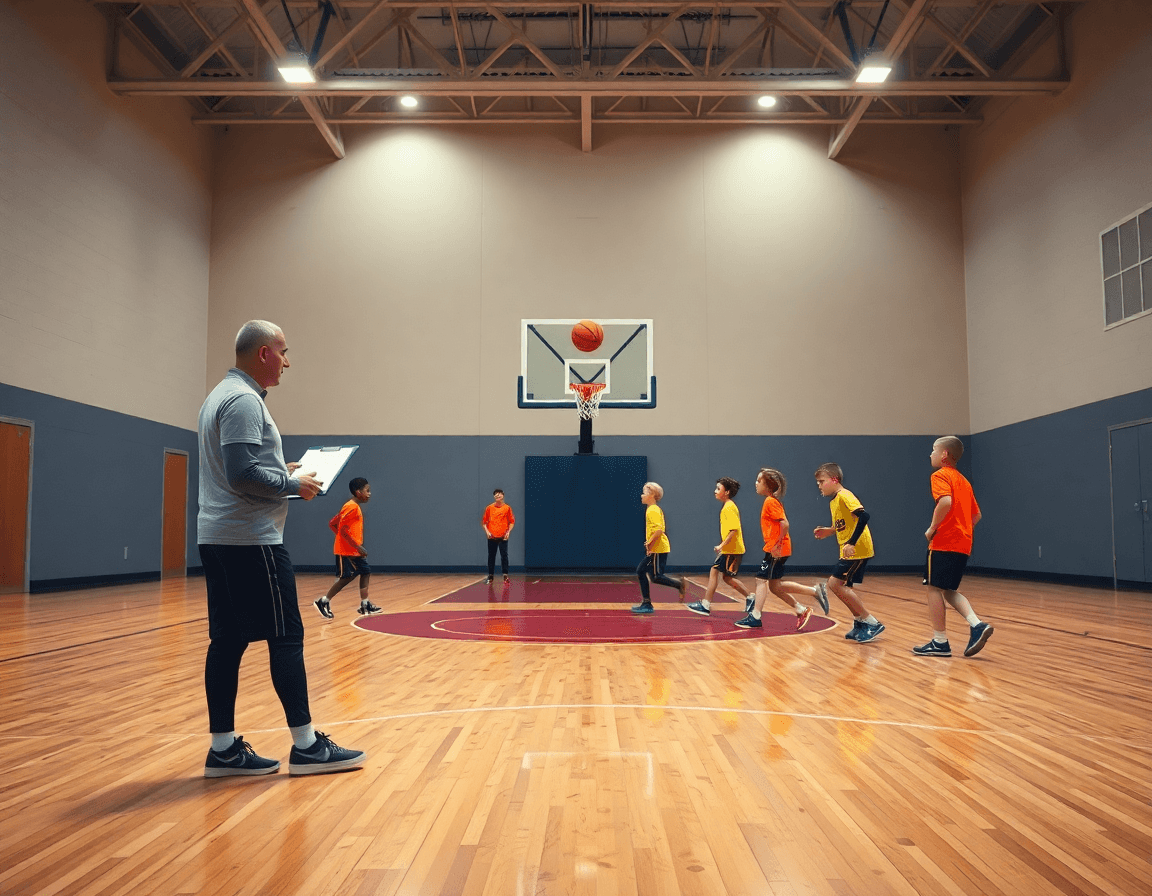 Plan large montrant un exercice basket pour enfant en entraînement collectif dans un gymnase.