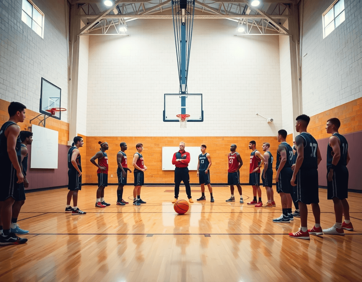 Exercice basket jeune dans une grande salle intérieure, coach et équipe en séance.