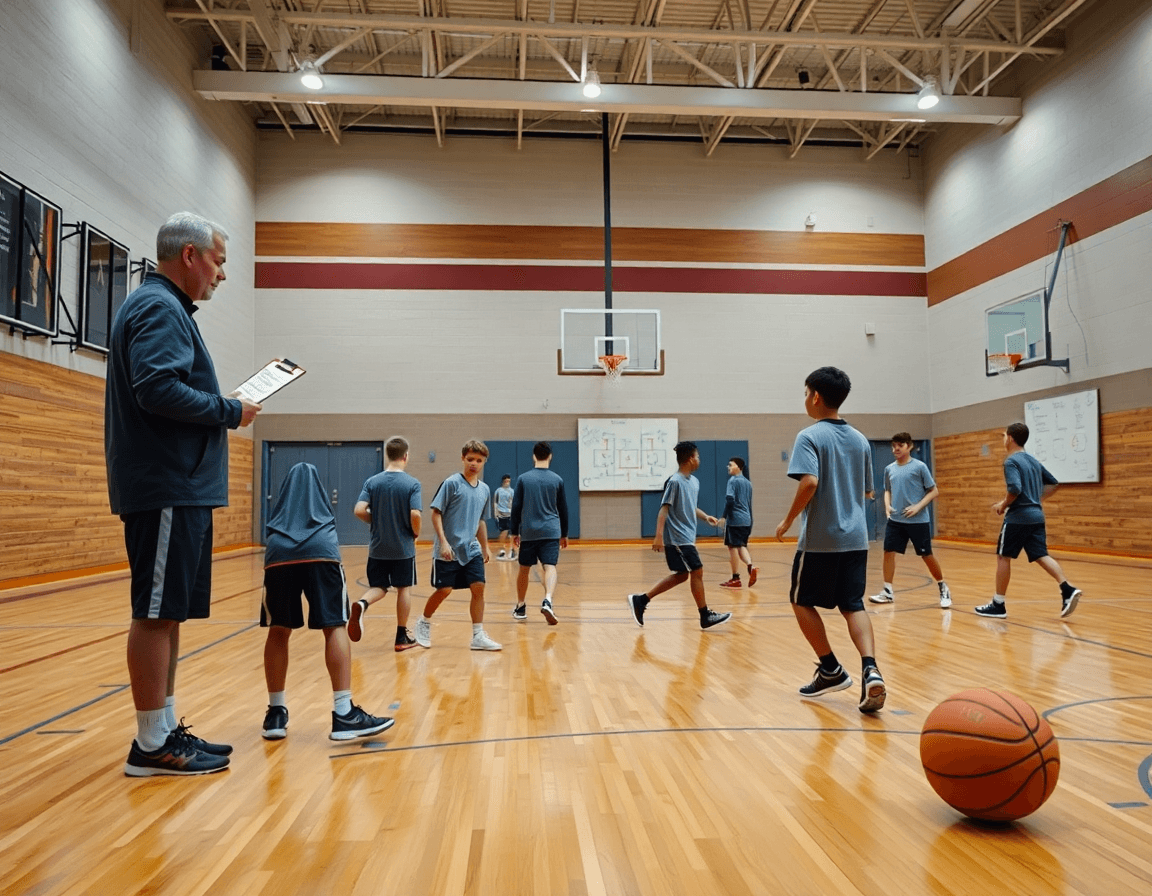 Scène large de basketball en gymnase, exercice basket mini poussin avec coach et joueurs.