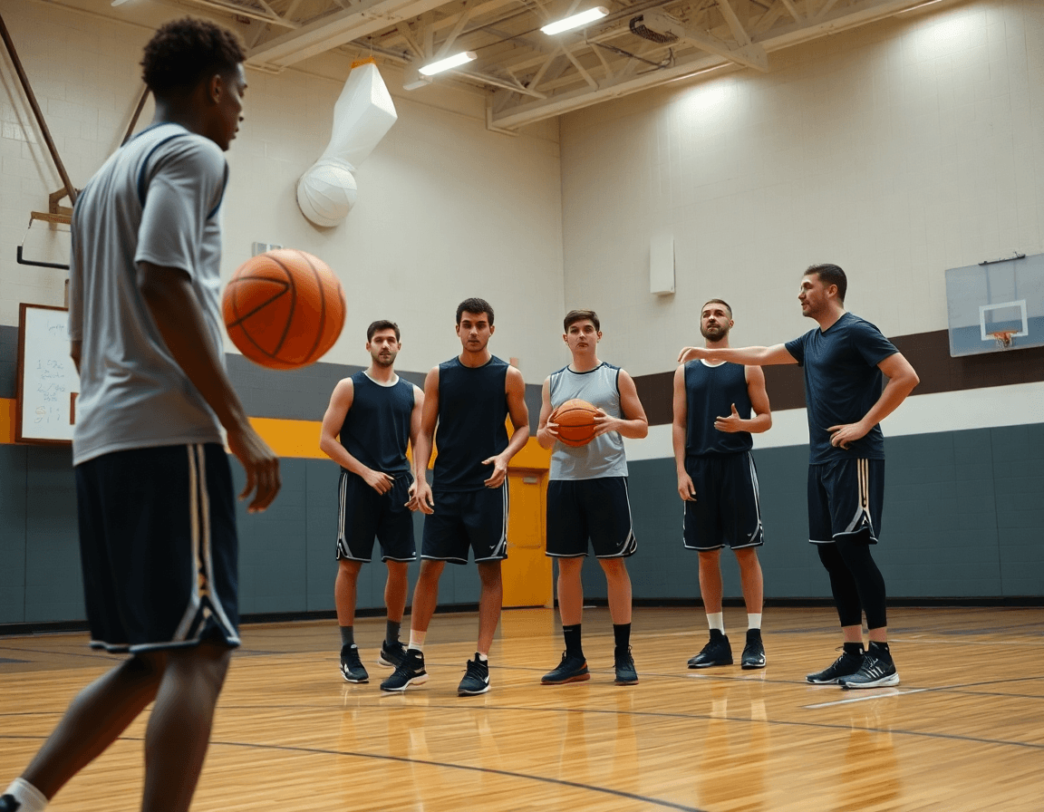 Plan serré sur un exercice basket passe en action, joueur passant l'orange basketball à son coéquipier.