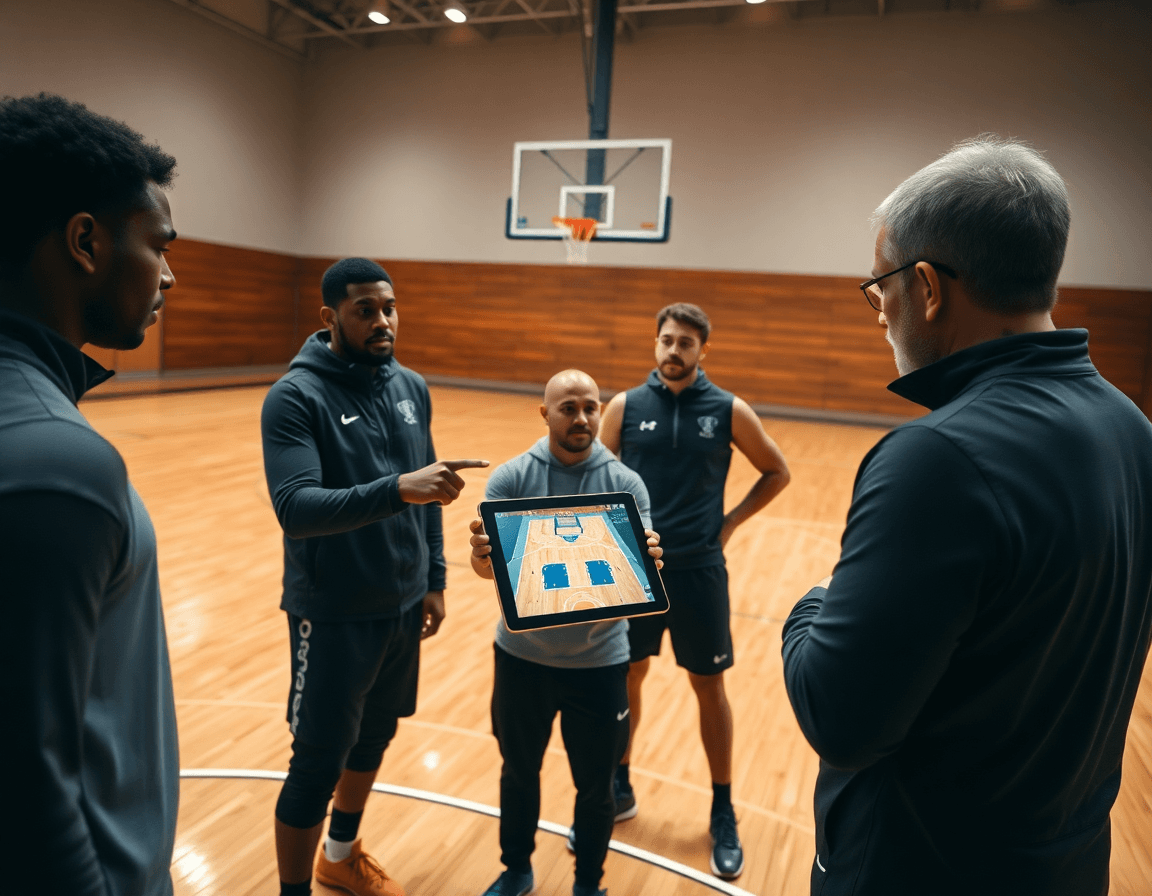 Analyse des passes pendant un exercice basket passe sur tablette pendant que les joueurs regardent.