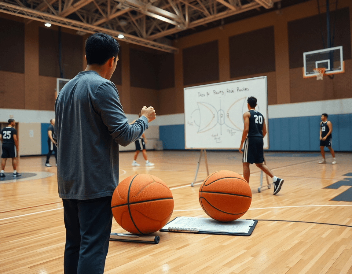 Sur le tableau, un exercice basket passe et les déplacements des joueurs autour du panier.