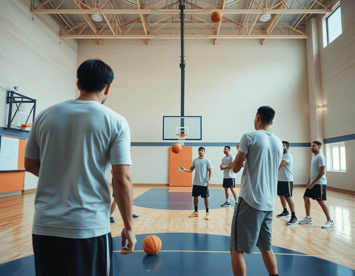 Plan général d'un exercice basket passe en action dans un gymnase, avec coach et équipe.