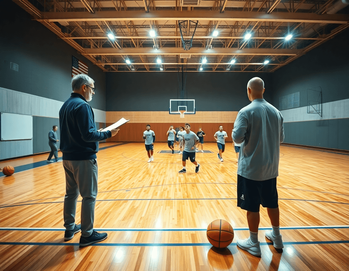 Vue panoramique d'un gymnase de basketball; coach montre l'exercice basket pdf à l'équipe.