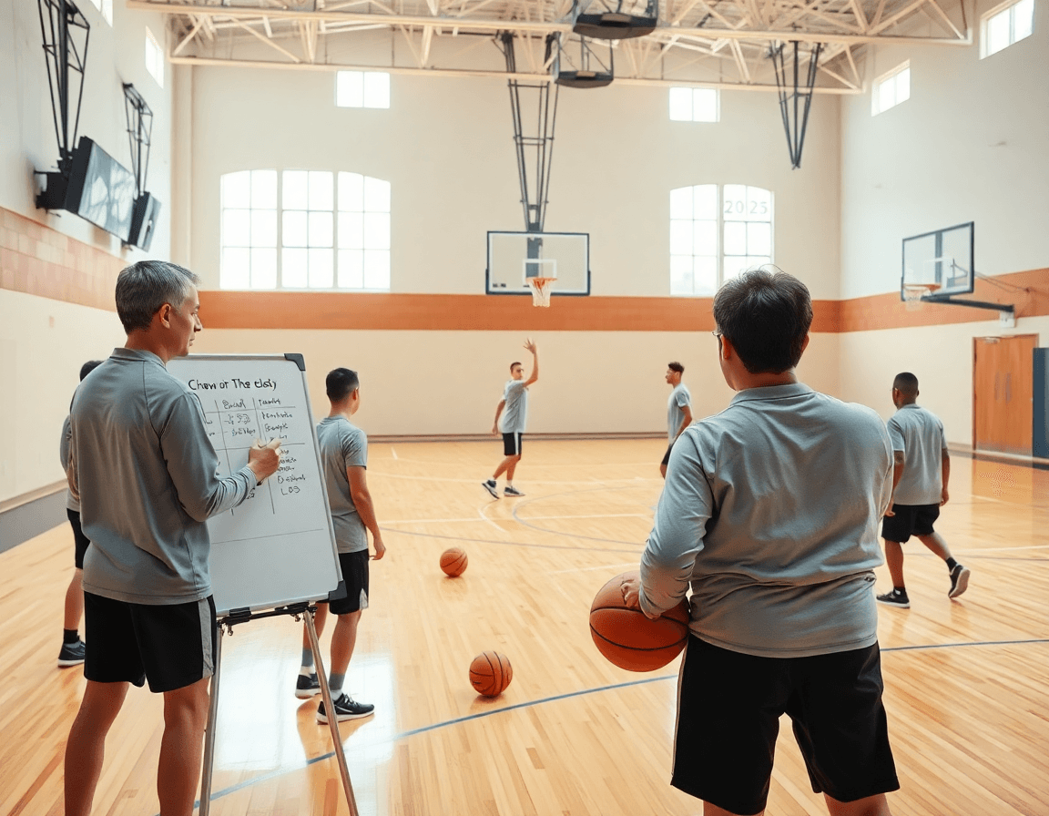 exercice basket: plan hebdomadaire de drills présenté par le coach sur le terrain.
