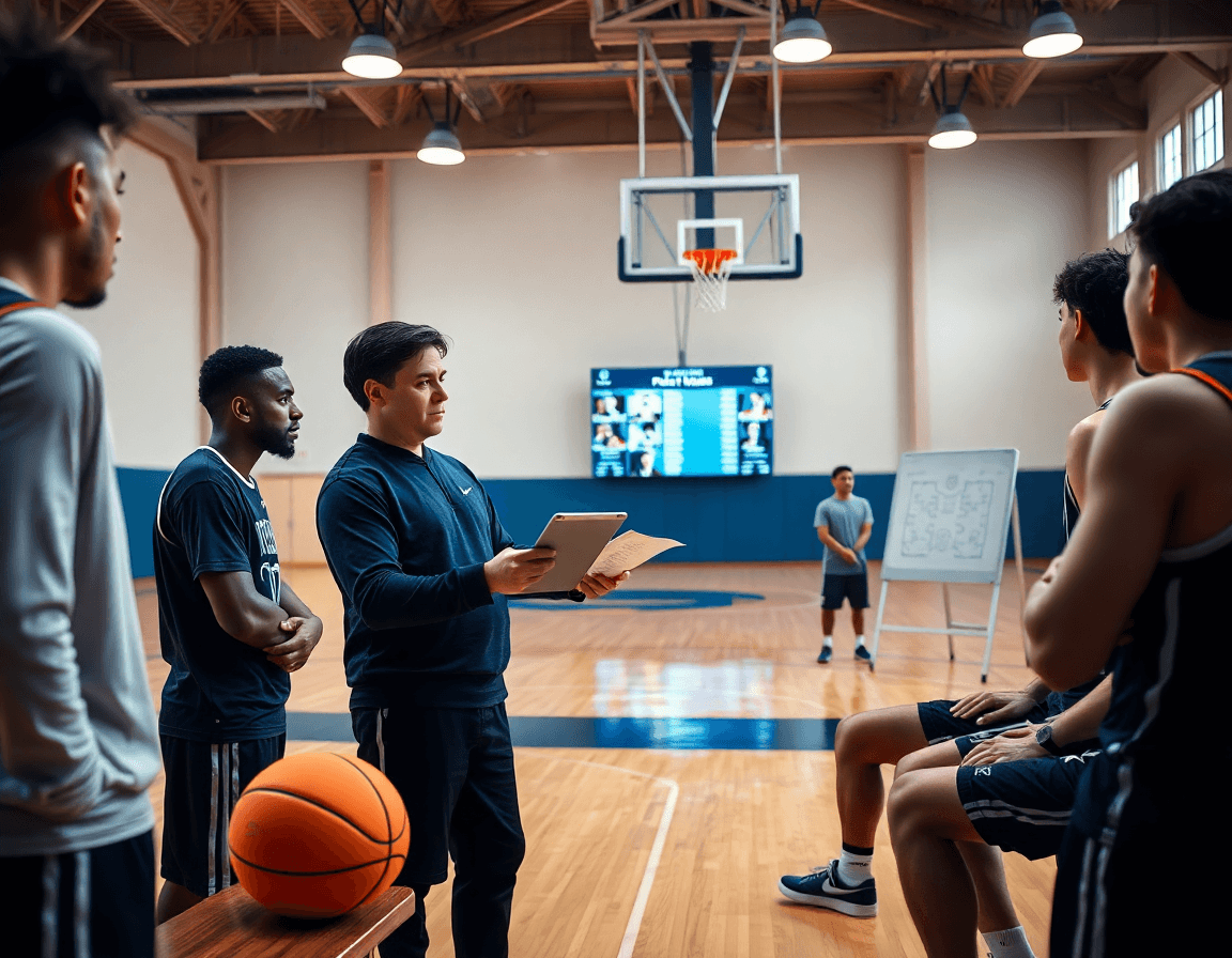 exercice basket: revue des clips et plays pour l'équipe sur le banc.