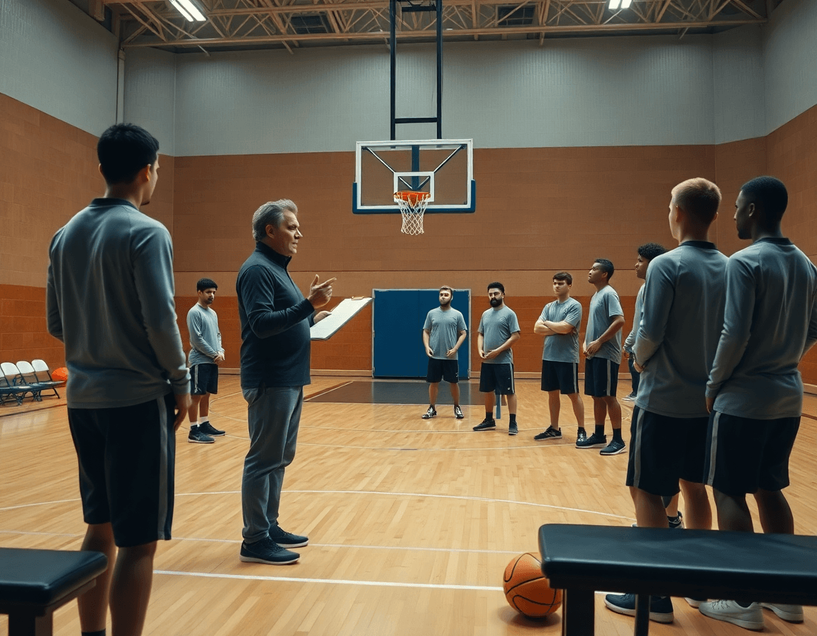 exercice basket: scène large montrant un coach et l'équipe en séance sur un terrain de basket.