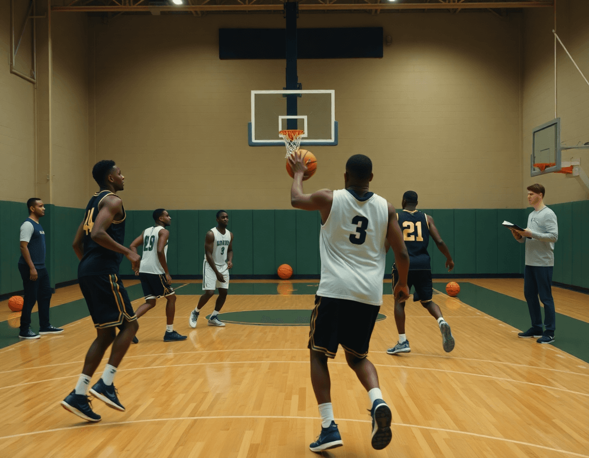 Plan moyen: l'exercice basket pour débutant en action pendant un mouvement de passe sur le terrain.