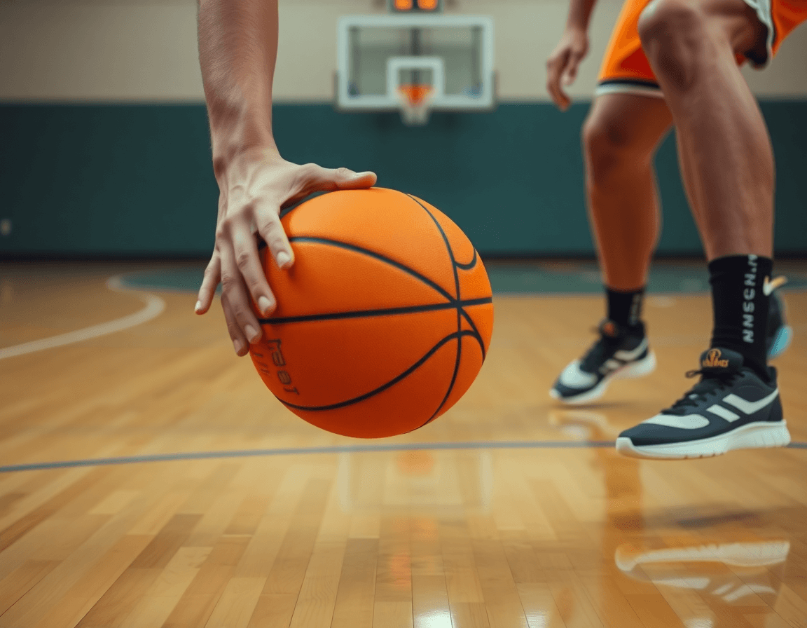 Gros plan sur l'exercice basket pour débutant en rotation de la main sur le ballon.
