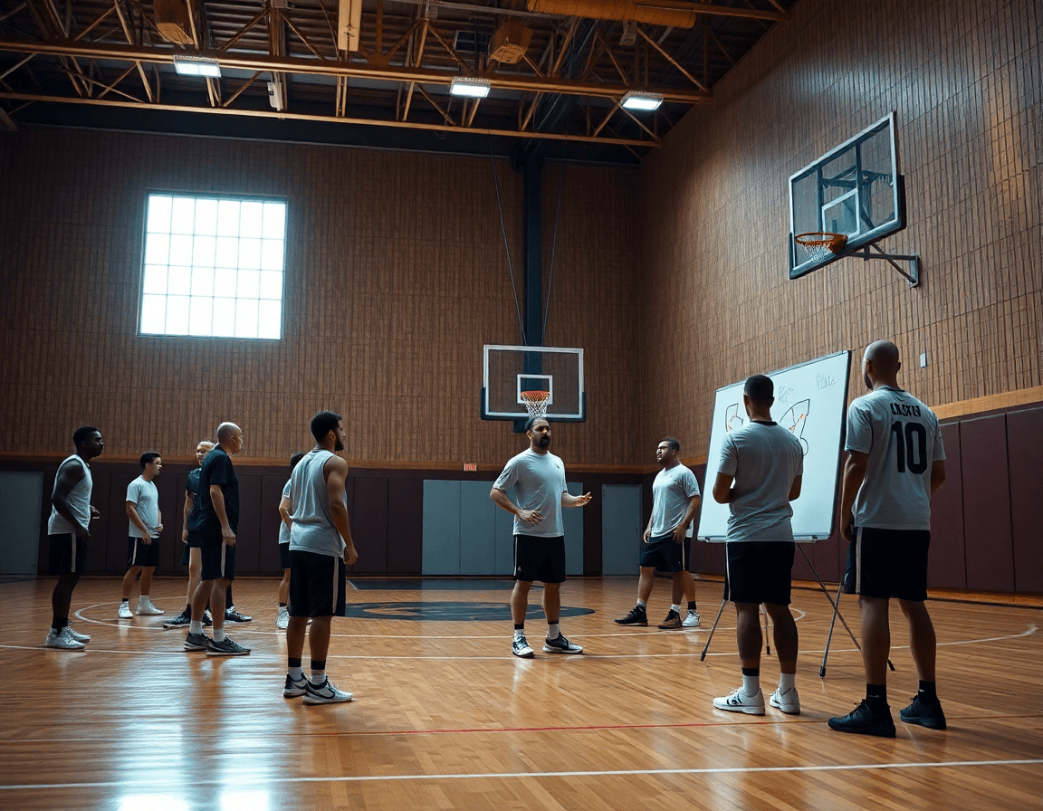 Vue d’ensemble d’un entraînement de basketball en salle, exercice basket pour débutant en cours.