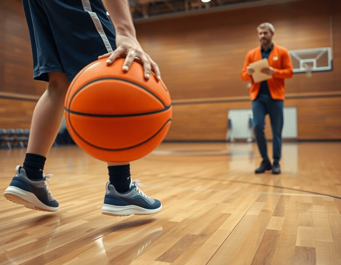 Exercice basket pour u9 sur un banc, coach utilise le tableau pour expliquer une passe.