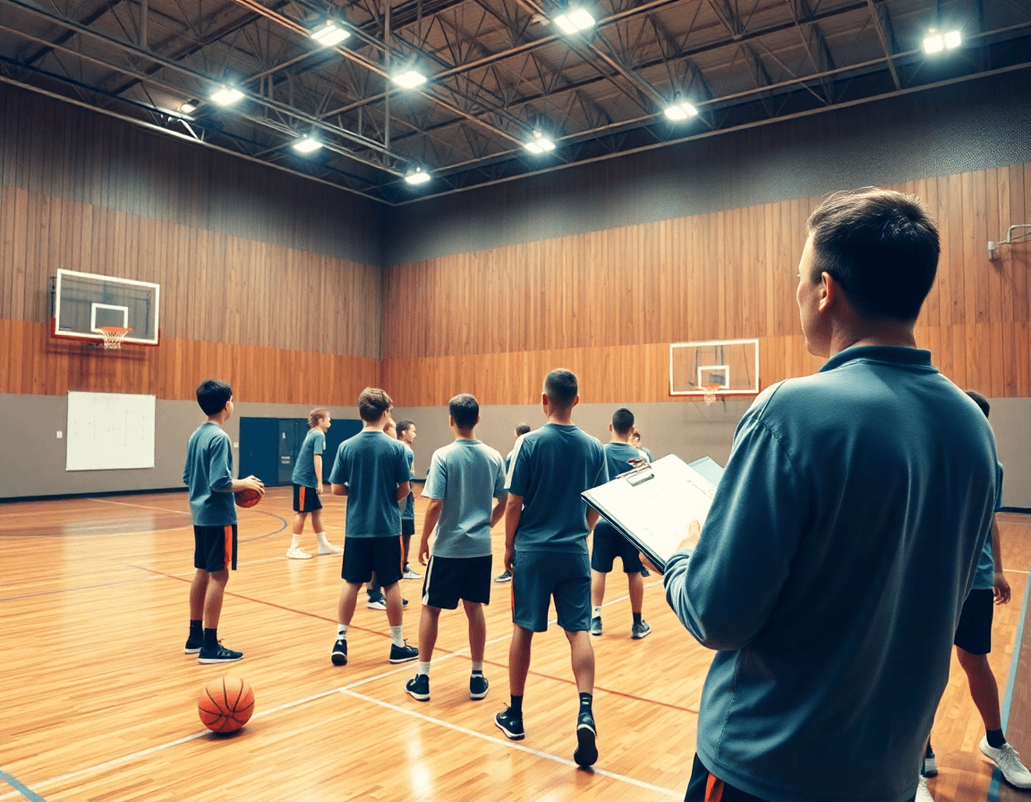 Exercice basket pour u9: vue d'ensemble d'une séance sur un court de basket-ball intérieur.
