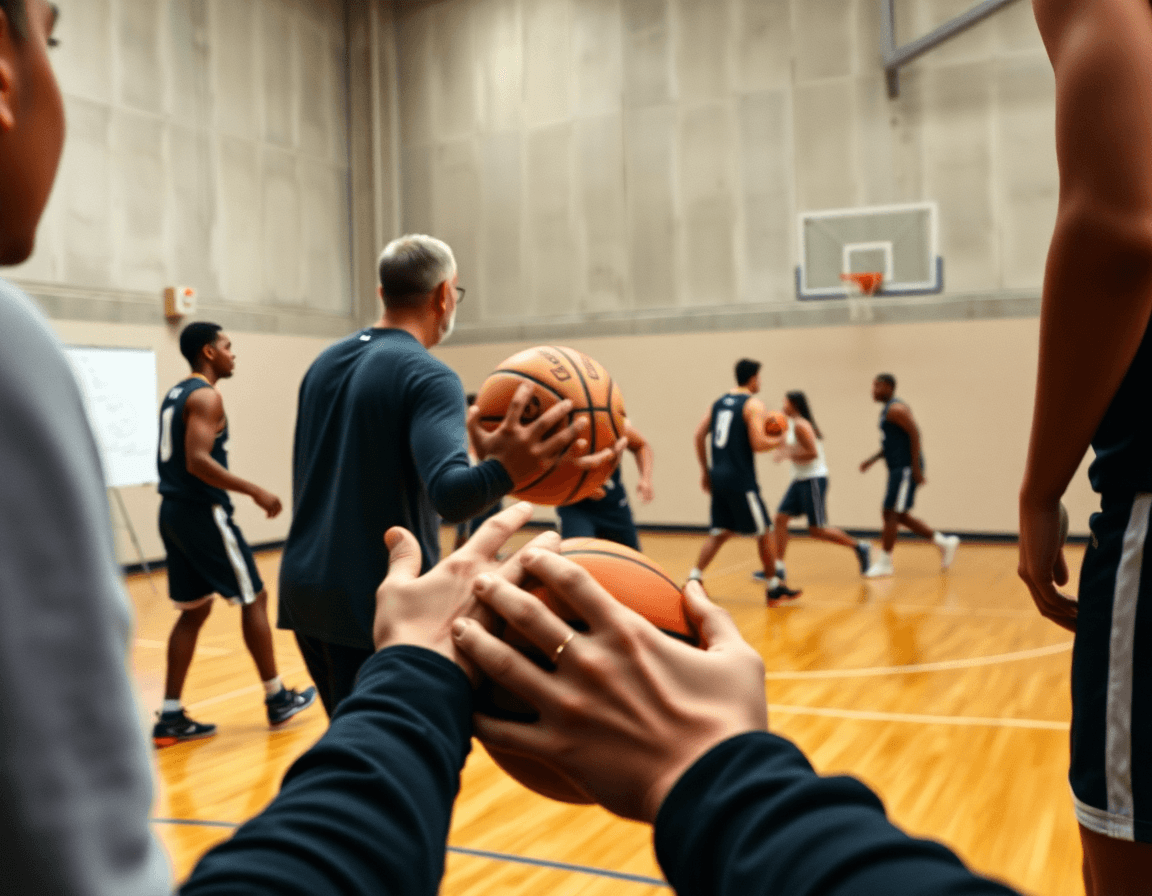 Gros plan sur les mains et le ballon lors de l’exercice basket remise en jeu, geste clé.