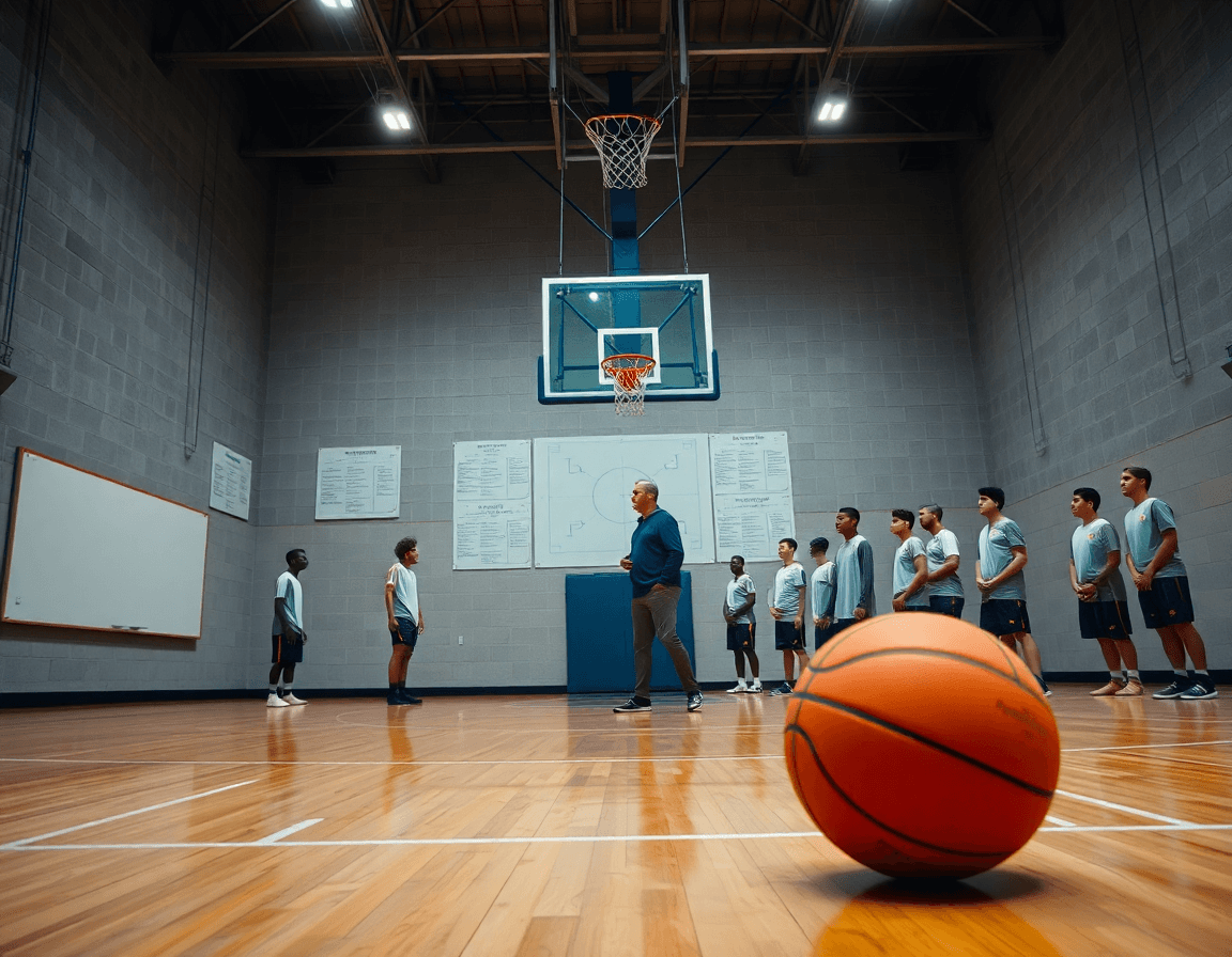 Exercice basket remise en jeu: vue d’ensemble du coach et de l’équipe sur le terrain.