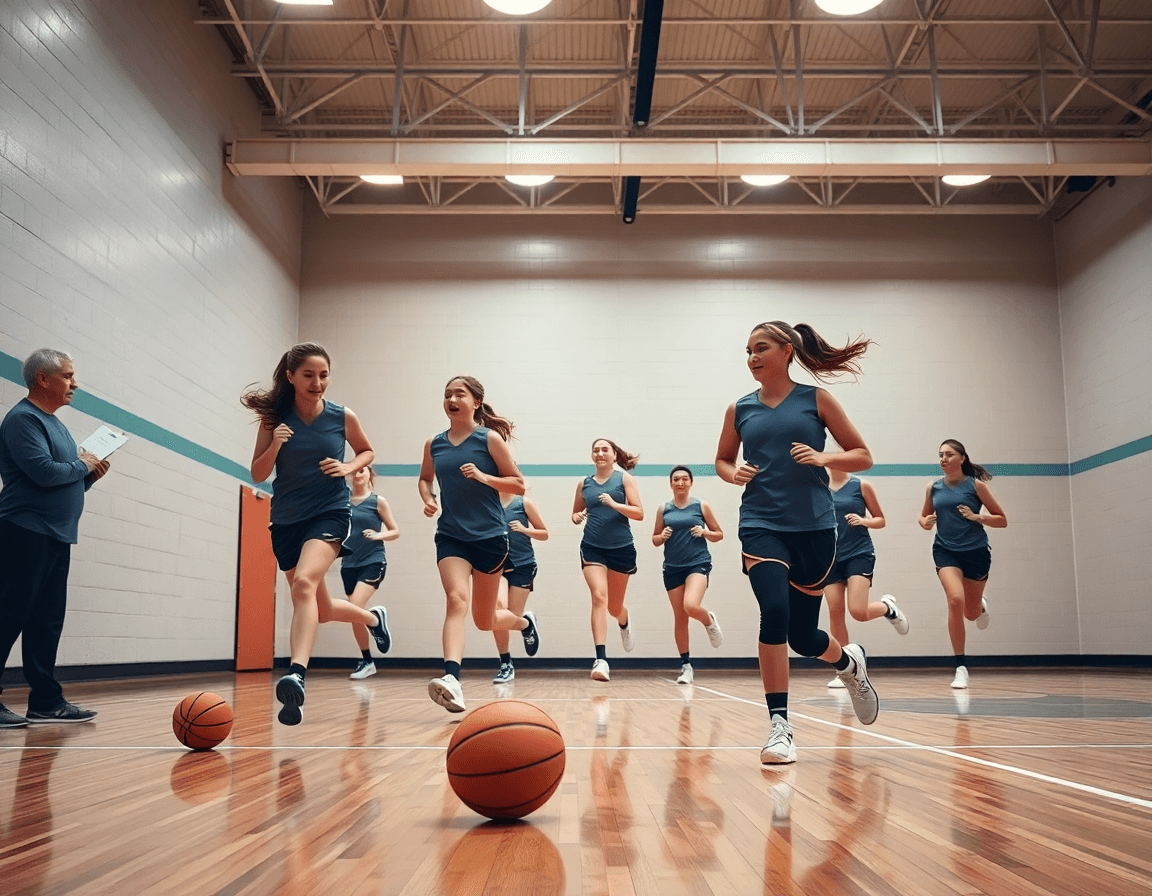 Vue panoramique d'un exercice basket senior fille sur le terrain, séance d'entraînement réelle.